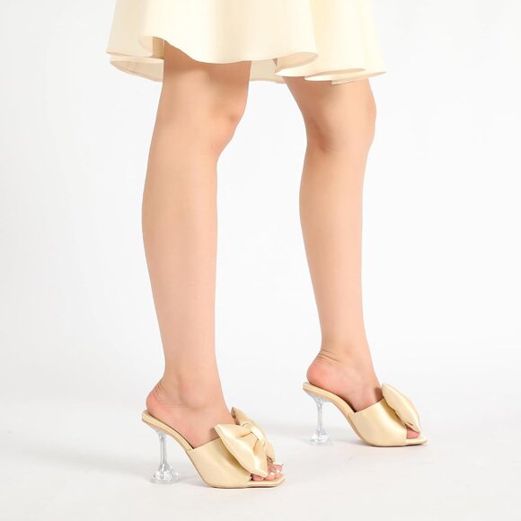 Women's Bow High Heels Mules Dress Sandals Slip On Party Wedding Bridal Gold - Picture 5 of 8